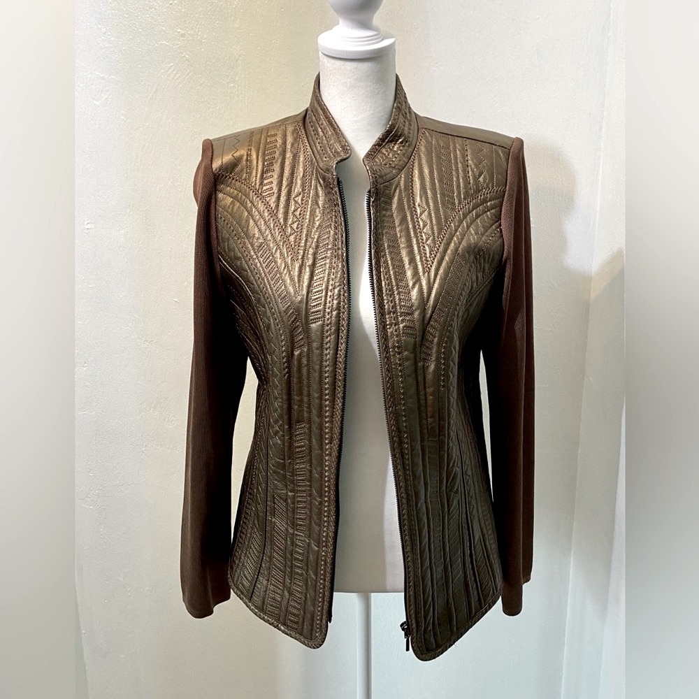 Leather Vintage Peter Nygard Metallic Brown jacket with rayon/nylon sleeves. S - Picture 2 of 9